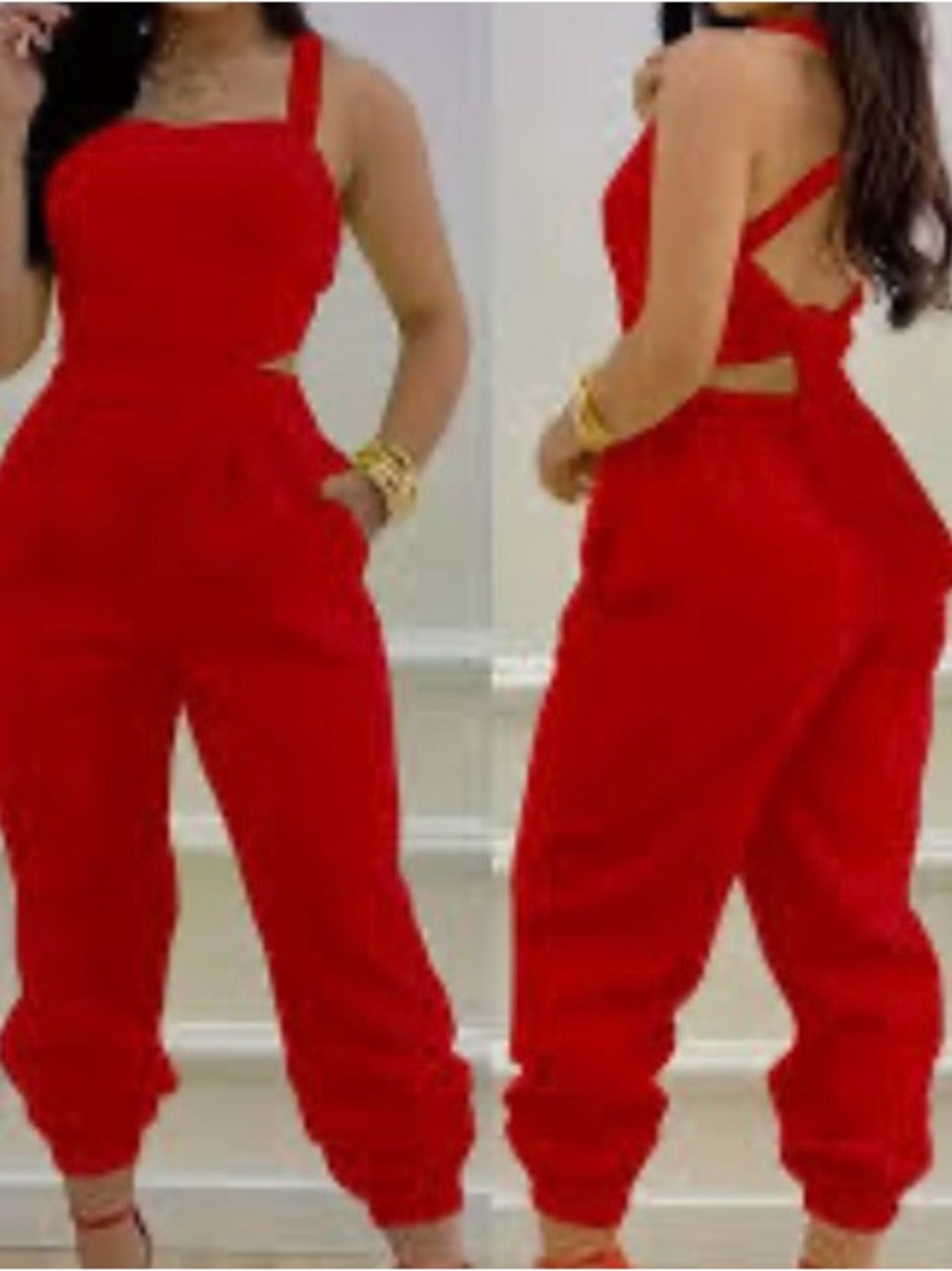 Red Strappy Jumpsuit Pants for Women